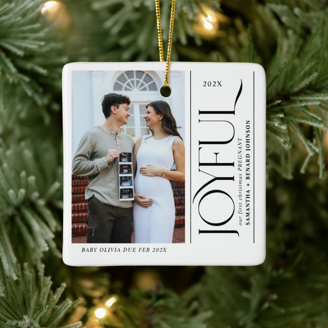 Joyful First Christmas Pregnant Photo Couple Ceramic Ornament (Tree)