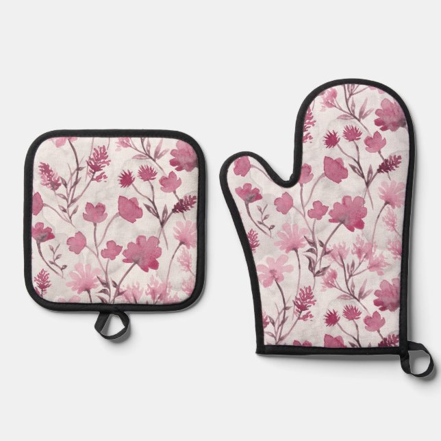 Joyful Flora Oven Mitt & Pot Holder Set - Rose (Front)