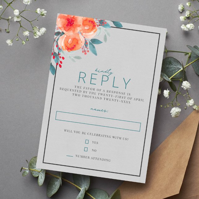 Joyful Floral Orange and Teal Wedding RSVP Card (Creator Uploaded)