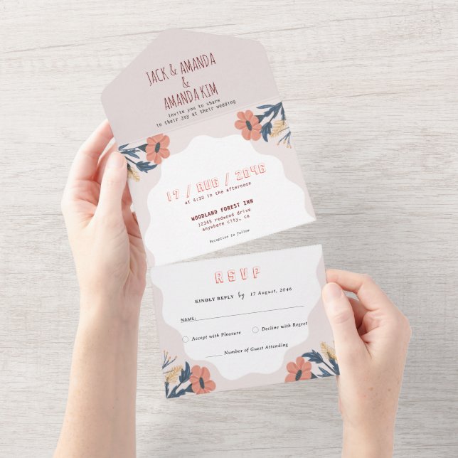 Joyful Floral Pink Retro Wedding All in one RSVP All In One Invitation (Tearaway)