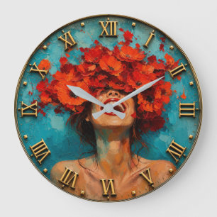 Joyful Floral Vibrant Red Poppy Portrait Art Large Clock