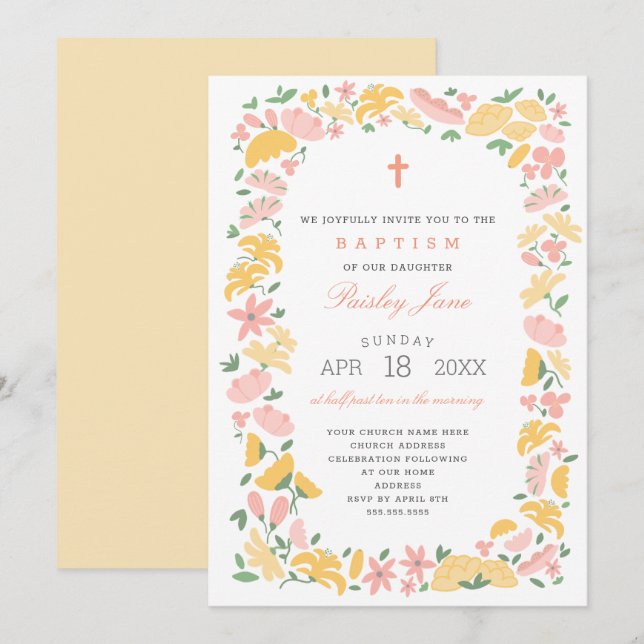 Joyful Floral Wreath girl baptism invitation (Front/Back)
