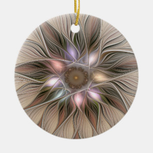 Joyful Flower Abstract Beige Brown Floral Fractal Ceramic Tree Decoration