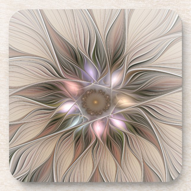 Joyful Flower Abstract Beige Brown Floral Fractal Coaster (Front)