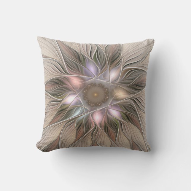 Joyful Flower Abstract Beige Brown Floral Fractal Cushion (Front)