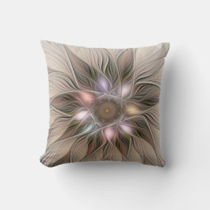 Joyful Flower Abstract Beige Brown Floral Fractal Cushion