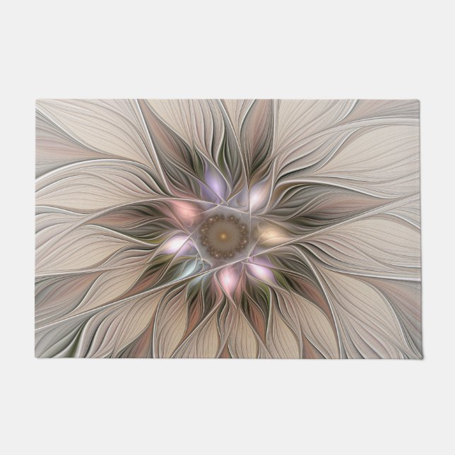 Joyful Flower Abstract Beige Brown Floral Fractal Doormat (Front)