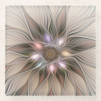 Joyful Flower Abstract Beige Brown Floral Fractal Glass Coaster