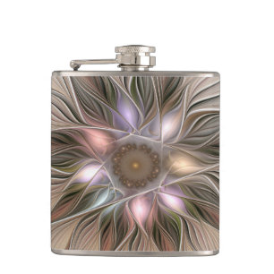 Joyful Flower Abstract Beige Brown Floral Fractal Hip Flask