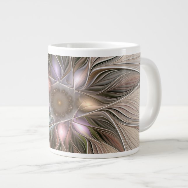 Joyful Flower Abstract Beige Brown Floral Fractal Large Coffee Mug (Front Right)