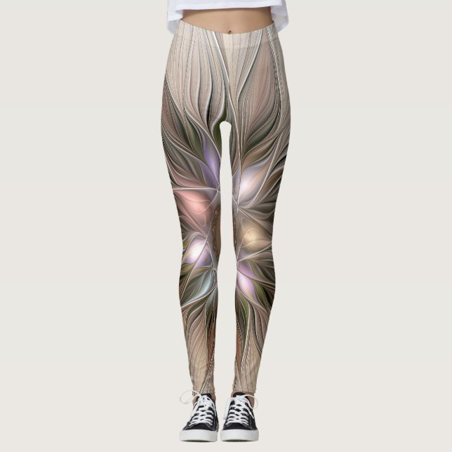Joyful Flower Abstract Beige Brown Floral Fractal Leggings (Front)