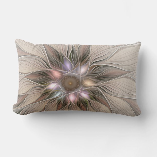 Joyful Flower Abstract Beige Brown Floral Fractal Lumbar Cushion (Front)