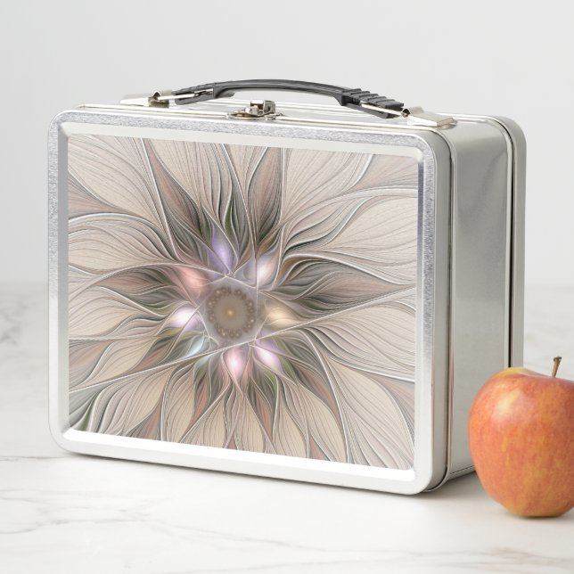 Joyful Flower Abstract Beige Brown Floral Fractal Metal Lunch Box (In Situ)