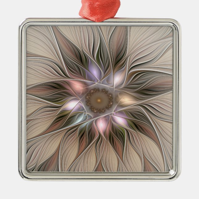 Joyful Flower Abstract Beige Brown Floral Fractal Metal Tree Decoration (Front)