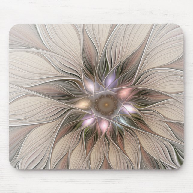 Joyful Flower Abstract Beige Brown Floral Fractal Mouse Mat (Front)