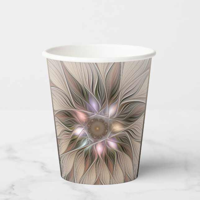 Joyful Flower Abstract Beige Brown Floral Fractal Paper Cups (Front)
