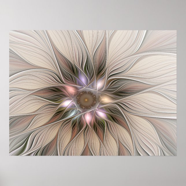 Joyful Flower Abstract Beige Brown Floral Fractal Poster (Front)