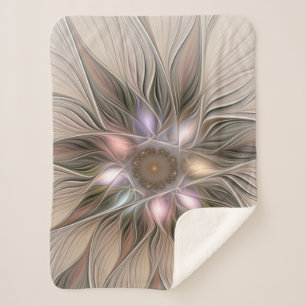 Joyful Flower Abstract Beige Brown Floral Fractal Sherpa Blanket