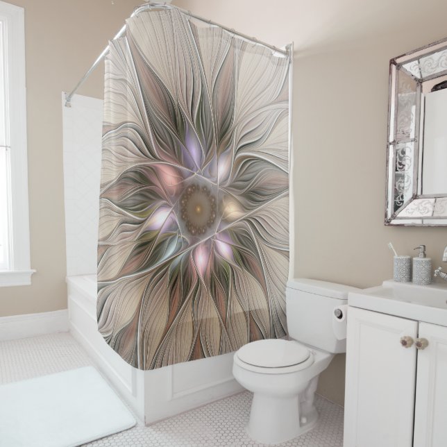 Joyful Flower Abstract Beige Brown Floral Fractal Shower Curtain (In Situ)