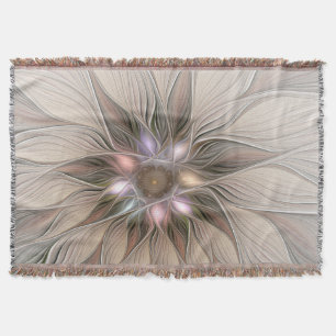 Joyful Flower Abstract Beige Brown Floral Fractal Throw Blanket