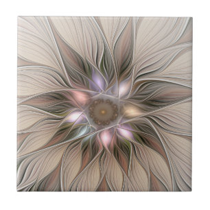 Joyful Flower Abstract Beige Brown Floral Fractal Tile