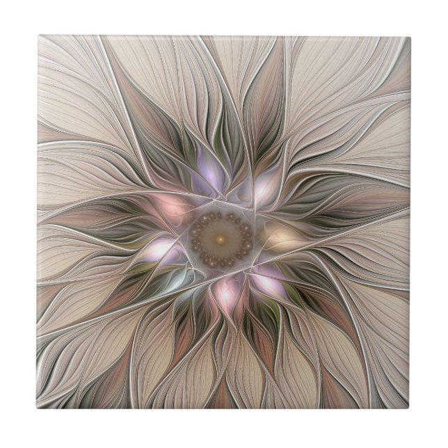 Joyful Flower Abstract Beige Brown Floral Fractal Tile (Front)