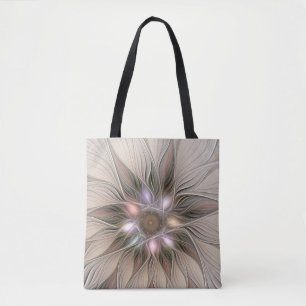 Joyful Flower Abstract Beige Brown Floral Fractal Tote Bag