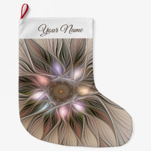 Joyful Flower Abstract Beige Brown Fractal Name Large Christmas Stocking