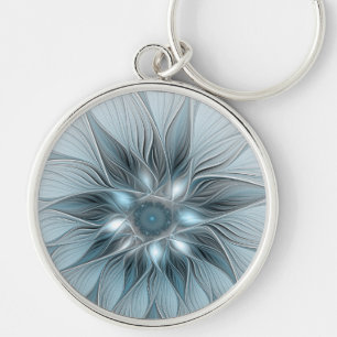 Joyful Flower Abstract Blue Gray Floral Fractal Key Ring