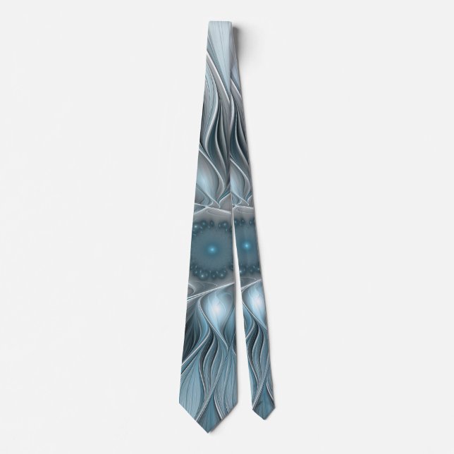 Joyful Flower Abstract Blue Gray Floral Fractal Tie (Front)