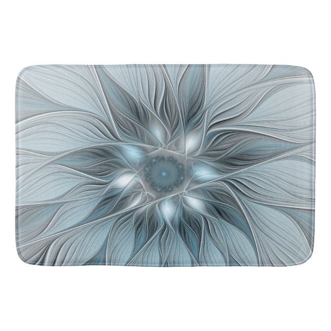 Joyful Flower Abstract Blue Grey Floral Fractal Bath Mat (Front)