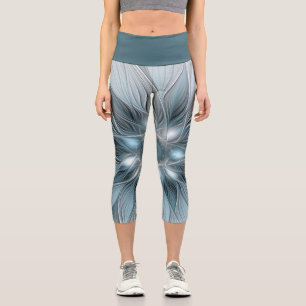 Joyful Flower Abstract Blue Grey Floral Fractal Capri Leggings