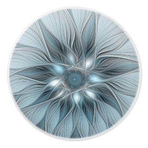 Joyful Flower Abstract Blue Grey Floral Fractal Ceramic Knob