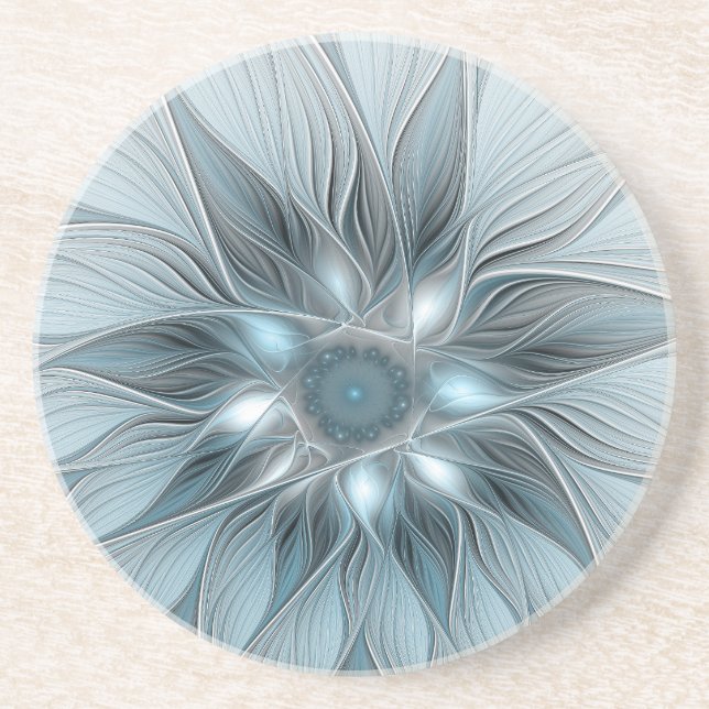 Joyful Flower Abstract Blue Grey Floral Fractal Coaster (Front)