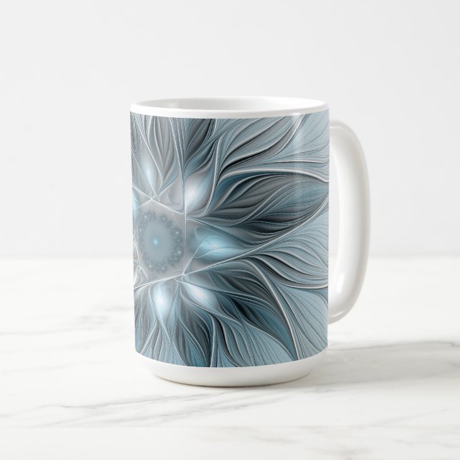 Joyful Flower Abstract Blue Grey Floral Fractal Coffee Mug (Front Right)