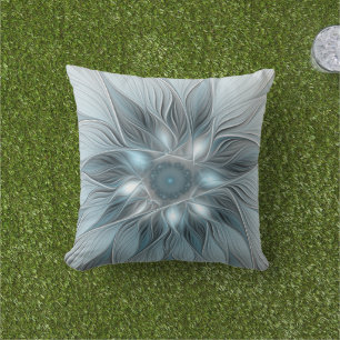 Joyful Flower Abstract Blue Grey Floral Fractal Cushion