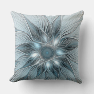 Joyful Flower Abstract Blue Grey Floral Fractal Cushion