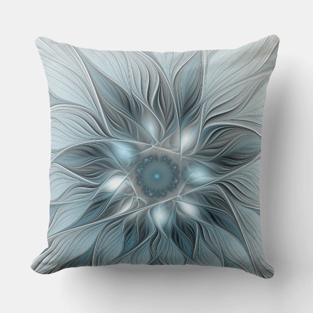 Joyful Flower Abstract Blue Grey Floral Fractal Cushion (Front)
