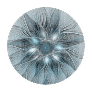 Joyful Flower Abstract Blue Grey Floral Fractal Cutting Board