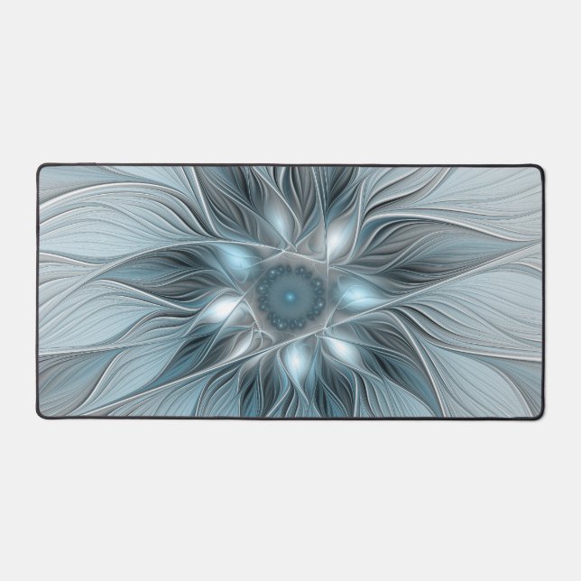 Joyful Flower Abstract Blue Grey Floral Fractal Desk Mat (Front)