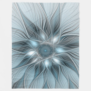 Joyful Flower Abstract Blue Grey Floral Fractal Fleece Blanket