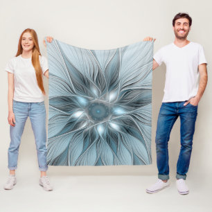 Joyful Flower Abstract Blue Grey Floral Fractal Fleece Blanket