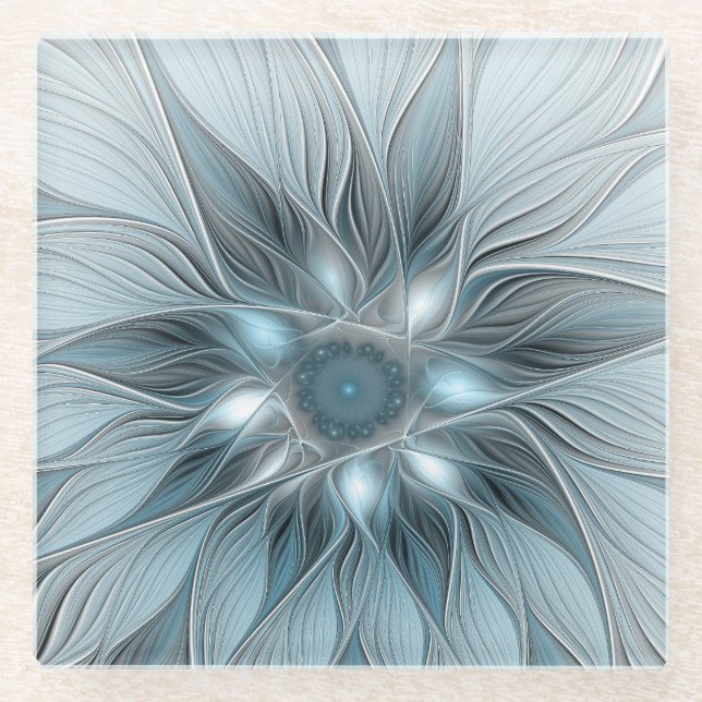 Joyful Flower Abstract Blue Grey Floral Fractal Glass Coaster (Front)