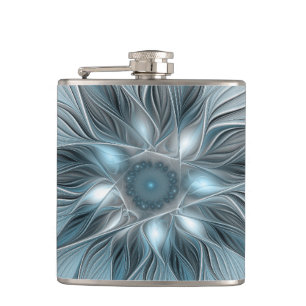 Joyful Flower Abstract Blue Grey Floral Fractal Hip Flask