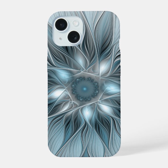 Joyful Flower Abstract Blue Grey Floral Fractal iPhone 15 Case (Back)