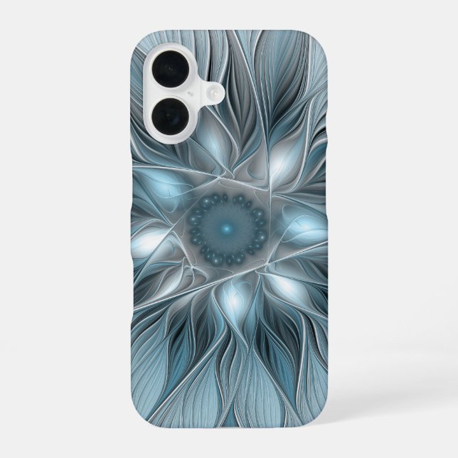 Joyful Flower Abstract Blue Grey Floral Fractal iPhone 16 Case (Back)