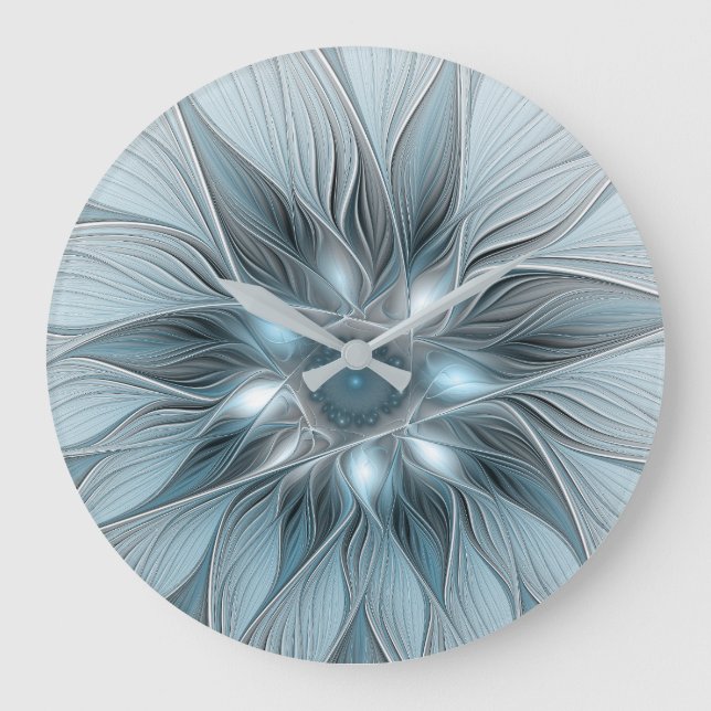 Joyful Flower Abstract Blue Grey Floral Fractal Large Clock (Front)