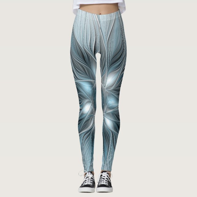 Joyful Flower Abstract Blue Grey Floral Fractal Leggings (Front)