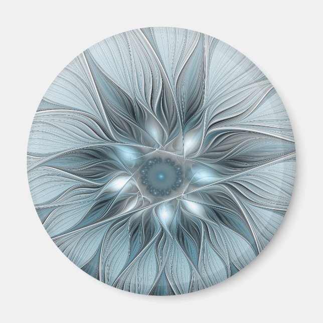Joyful Flower Abstract Blue Grey Floral Fractal Magnet (Front)