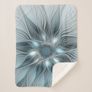 Joyful Flower Abstract Blue Grey Floral Fractal Sherpa Blanket